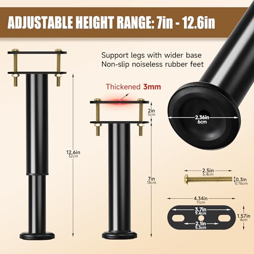 2 Pcs Adjustable Bed Frame Center Support Legs, Heavy Duty Cold Rolled Steel Bed Slat Support Legs With Wider Base, Bed Frame Leg Replacement, Furniture Support Reinforcement Kit, Height 7in To 12.6in - size: 7'' - 12.6'' 2Pcs