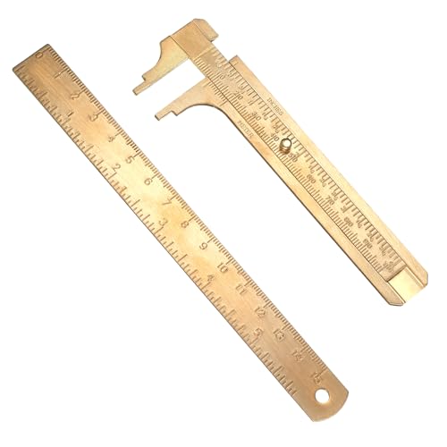 Pocket Caliper 1 PCS 6.4 in Straight Brass Ruler and 1PCS 4.6 in Brass Pocket Calipers with Double Scale Sliding Gauge Bead Measuring Tool Metal Calipers BrassRuler Millimeter Gauge Mini Caliper