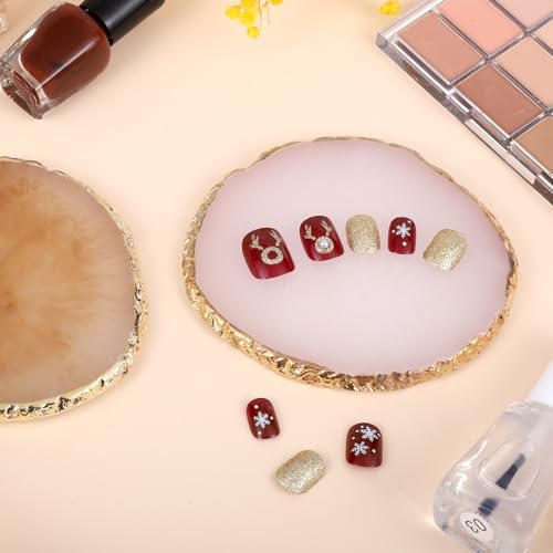 2 Pcs Resin Nail Art Palette Set, Gold Edge, Coffee & White - color: Coffee, White