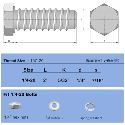 1/4x2 Hex Bolts Set, 15Pcs 1/4"-20 Nuts and Bolts Assortment Kit - size: 1/4-20*2 Set