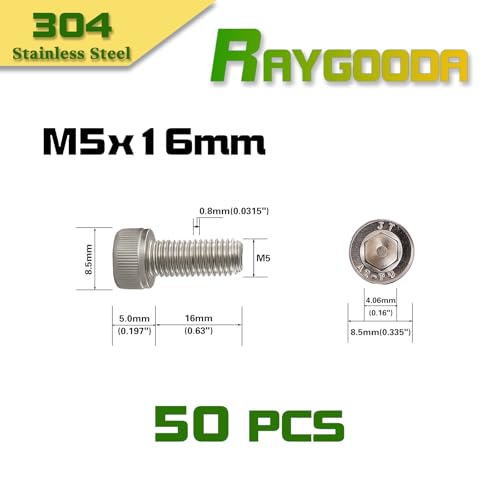 M5x0.8 x 16mm Socket Head Cap Screws Metric, 304 Stainless Steel (A2-70), Allen Socket Drive, Bright Finish, Full Thread, Rust & Corrosion Resistant, for Automotive, Machinery & DIY, 50 PCS - size: M5x16mm (50 PCS)