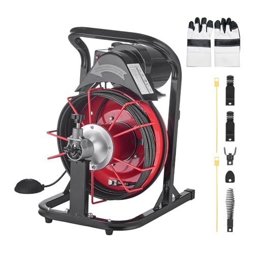 VEVOR Drain Cleaner Machine 50 FT x 5/16 Inch, Auto Feed Sewer Snake Auger with 4 Cutters & Air-Activated Foot Switch for 2" to 4" Pipes - style: 50 FT x 5/16''