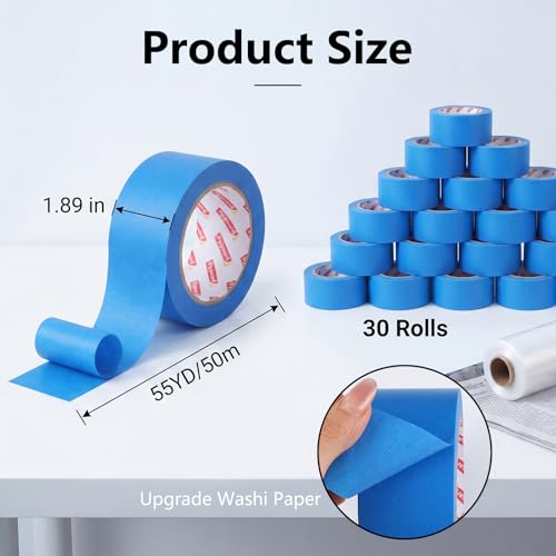 30 Rolls Blue Painters Tape 2 Inch Wide Bulk Masking Tape for Wall Painting - size: 30rolls/2in（L)