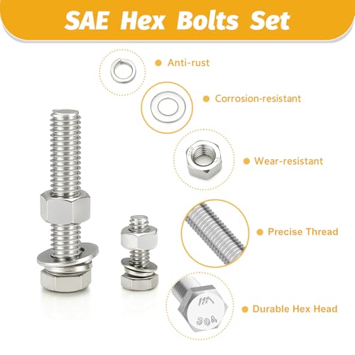 Kadrick 272Pcs 18-8(304) Stainless Steel Hex Bolts Assortment,1/4-20 5/16-18 3/8-16 Heavy Duty Bolts and Nuts Kit, Assorted SAE Bolts Nuts Flat&Lock Washers,Lenth Form 1/2''-2'' - size: 272Pcs SAE HEX Stainless