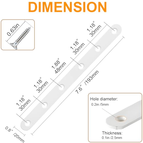 4 Pack White Straight Brackets, 8 Inch Stainless Steel Flat Brace Mending Plates, Heavy Duty Repair Brackets for Wood Furniture with Screws - size: 4 Pcs/ 8” x 0.8”