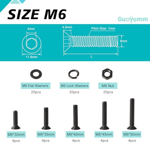80 Pcs M6 x 30mm 35mm 40mm 45mm 50mm, Flat Head Hex Socket Cap Screws Countersunk Bolts Washers Nuts Assortment Kit, 10.9 Grade Alloy Steel, Black Oxide Finish, Metric Allen Drive - size: M6x30/35/40/45/50mm