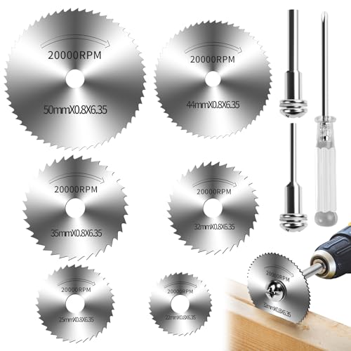 9Pcs 1/4" Hex Shank Rotary Saw Blades Cutting Wheel Set | 6 sizes metal cutting discs, 2pcs 1/4" hex mandrels & 1 screwdriver, cuts wood, plastic, metal for rotary drill tools - color: silver