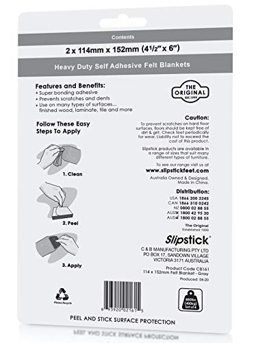Slipstick Premium Wool Felt Sheet Furniture Pads/Floor Surface Protectors (6 Inch x 4-1/2 inch) Includes 2 Large Felt Pad Blankets with Self Stick Backing, Gray, CB161 - size: 6" x 4.5" Sheet