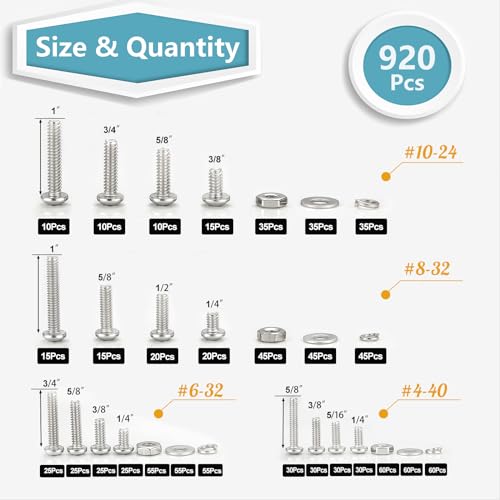 KADRICK 920Pcs Machine Screw Assortment Kit,Stainless Steel #4-40 to #10-24 - size: SS #4-#10 920Pcs