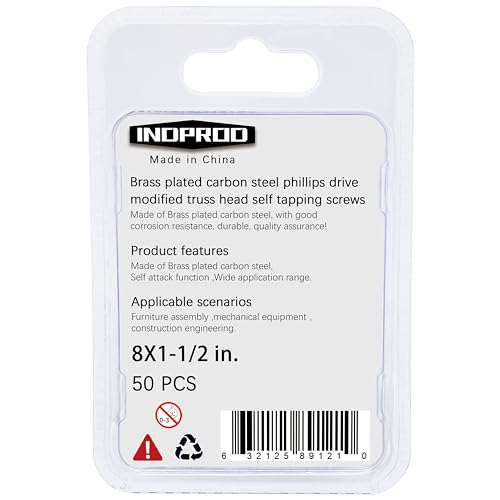 INDOROD #8 x 1-1/2" Truss Head Phillips Wood Screw (50 Pack), Brass Plated Screws, Self Tapping Wood Screws, Modified Truss Head, Brass Screws for Wood, 8 x 1-1/2 Inch, Gold - size: #8 x 1-1/2"