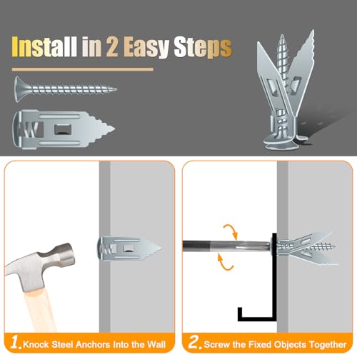 KURUI 110Pcs Heavy Duty Metal Drywall Anchors and Screws Kit, Easy Self Drilling, Durable & Renter Friendly, Silver Anchors for Sheetrock,Hollow Wall, Hanging Shelves,Mirrors,Wall Decor,Pictures