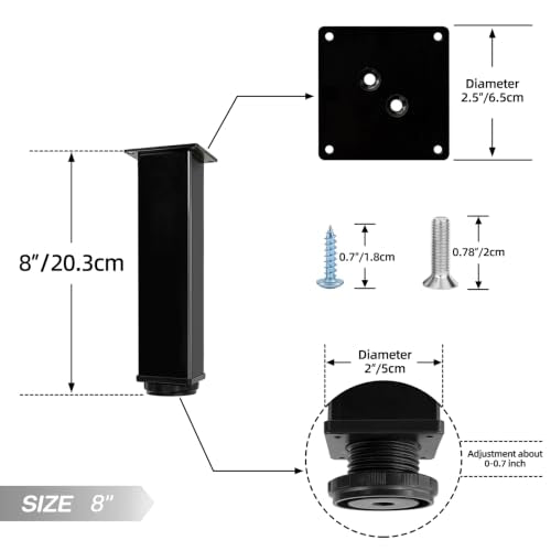QLLY 8 inch Square Adjustable Metal Furniture Legs, Heavy Duty Black Cabinet Feet with Leveling Pads, Set of 4 for Sofa, Couch, Ottoman, Cabinet and Shelf Replacement - color: Black, size: 8 inch