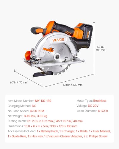 VEVOR 20V Cordless Circular Saw, 6-1/2" Brushless Circular Saw, 4700 RPM, 0-45 Degree Bevel Capability, LED Light, Electric Circular Saw Kit with Battery and Charger Included, for Wood Cutting - size: 6-1/2 in