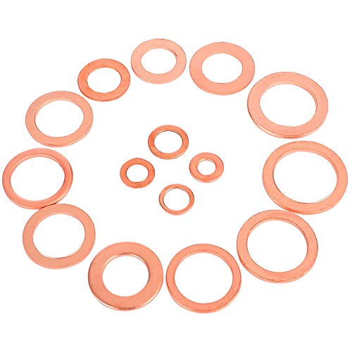 Toolwiz 150PCS 15 Sizes Copper Washers Metric Sealing Assortment M17.5-M5 | Flat Ring Sump Plug Crush Washer Oil Drain Plug Gasket Seal Assortment Set M5/6/7/8/10/10.5/11/12/12.5/14/15/16/16.5/17.5