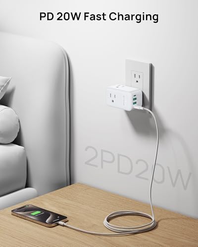 TROND Multi Plug Outlet Extender with 2 PD 20W USB C Charger and 3 Outlets - color: White, size: 3 Prong-1 Pack