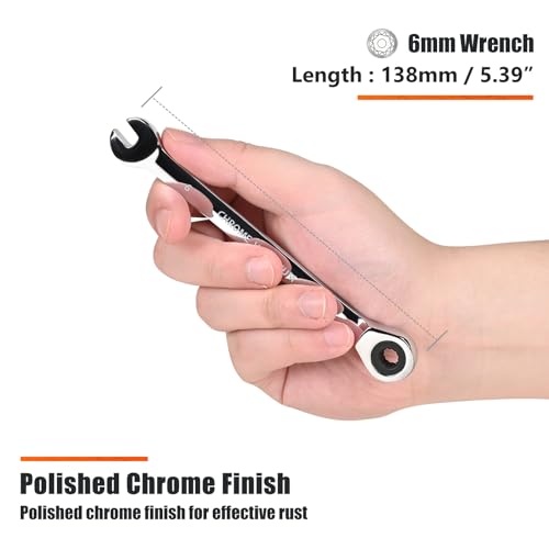 Egofine 6mm Ratcheting Combination Wrench Metric, Industrial Grade Gear Spanner with 12-Point Design, 72-Tooth Ratchet, Chrome Vanadium Steel - size: 6mm