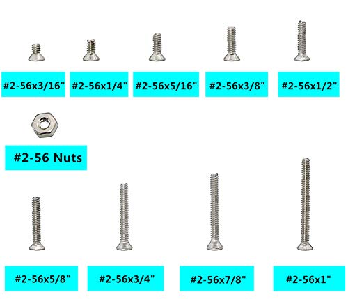300Pcs #2-56 UNC Stainless Steel Phillips Flat Head Countersunk Machine Screws Nuts Assortment Kit- #2-56x 3/16" 1/4" 5/16" 3/8" 1/2" 5/8" 3/4" 7/8" 1" - size: #2-56