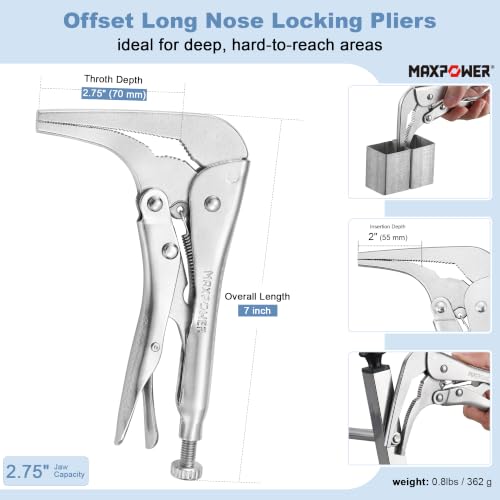 MAXPOWER 7-inch 90 degree Offset Long Nose Locking Pliers, 2.75" Jaw - size: 7"