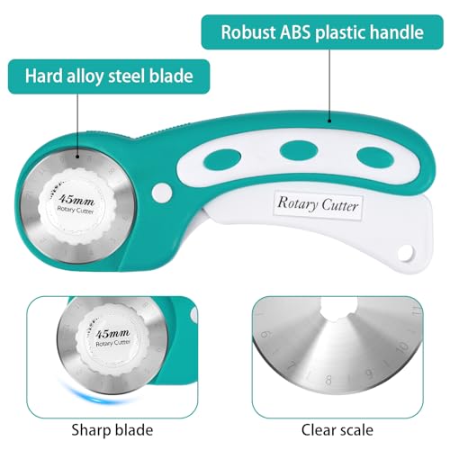 45mm Rotary Cutter for Fabric with 5 Extra Blades, Roller, with Safety Lock - color: Teal