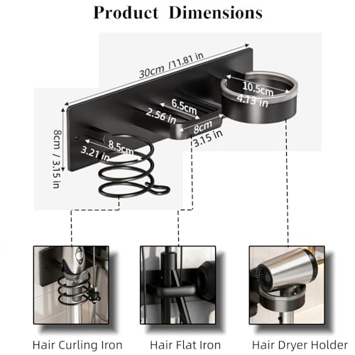 Hair Dryer Holder Wall Mounted Blow Dryer Holder Curling Iron Holder Straightener Holder 3 in 1 Bathroom Metal Hair Tool Organizer Rack（Black） - color: Matte Black
