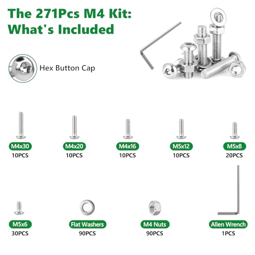 271 Pcs M4 Hex Button Cap Screws Nuts Washers Wrench Kit, 304 SS - size: SS M4 271pcs 2