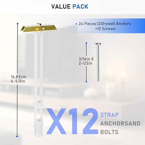 Drywall Anchor with Included Bolts for 3/16”-24, Heavy Duty Hollow Drywall Anchors for TV Mounting Kit, Strong Hollow Wall Anchors Holds up to 240lbs Each in 1/2” Drywall, 12 Packs - size: 3/16”-24: Pack of 12