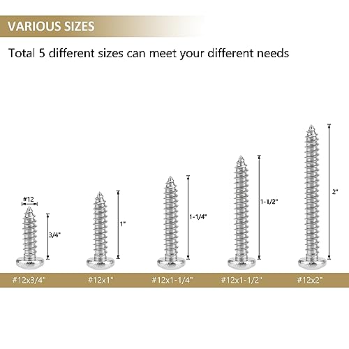 52 Pieces #12 x 3/4" 1" 1-1/4" 1-1/2" 2" Phillips Pan Head Self-Tapping Screws, Wood Screws Assortment Kit, 304 Stainless Steel - size: #12