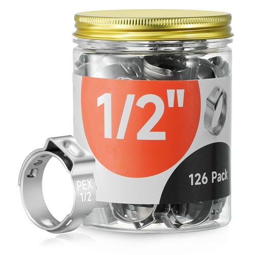 126pcs 1/2 inch PEX Cinch Clamps Rings, 304 Stainless Steel Pex Crimp Rings, Heavy Duty Thickened Single Ear Hose Clamps for PEX Tubing Pipe Fitting Connections - color: 126 Pcs, size: 1/2 inch