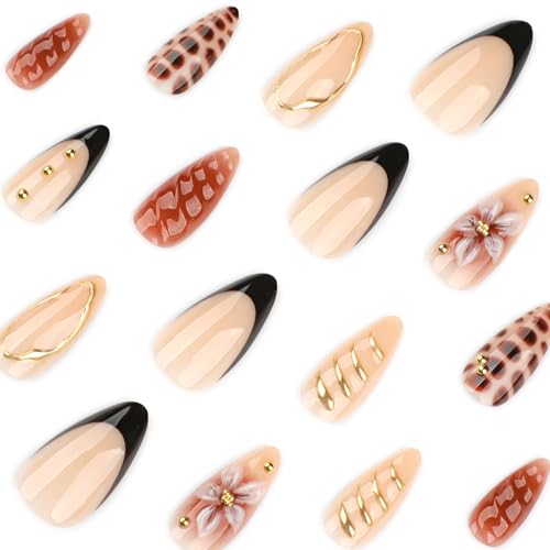 Mivota Brown Soft Gel Press On Nails 24PCS – Mixed Texture Almond Fake Nails with 3D Flower Design, Gold Edge & Snake Pattern, Glossy Reusable Glue On Nails for Women, Trendy Fall Nail Tips - color: 3D-62-Black French Gold Lines