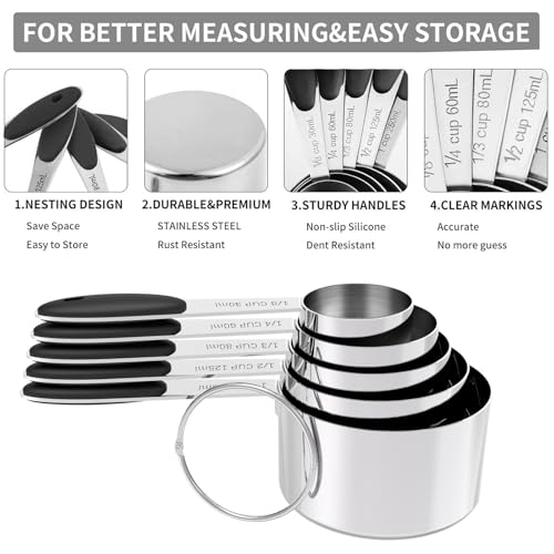 TILUCK Stainless Steel Measuring Cups and Spoons Set with Silicone Handle – Nesting Design for Space-Saving, Heavy Duty & Dishwasher Safe for Dry/Liquid Ingredients, Cooking & Baking (10)