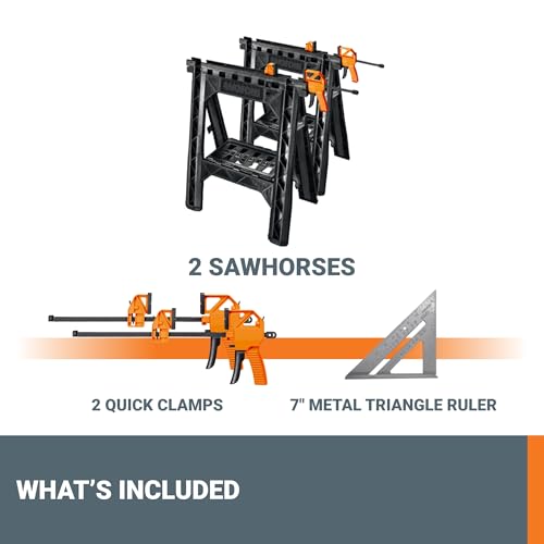 WORX Clamping Sawhorses,7 Inch Metal Triangle Ruler Included, WX065.3 - style: Clamping Sawhorses + Triangle Ruler