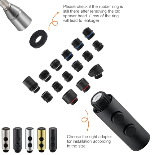 TIORIY Metal Kitchen Faucet Spray Head Replacement, Stainless Steel Pull Down Kitchen Faucet Head with 15 Adapters, 2 Functions Kitchen Faucets Nozzle, Black - color: Matte Black