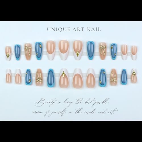 LPOODDNU 3D Gold Bow Star Press on Nails Almond - Medium Blue Fake Nails with French Tip Designs, Glossy Finished Reusable False Nails with Adhesive Glue Tabs - 24Pcs Nail Kit for Women Manicure - color: blue 3d gold bow star