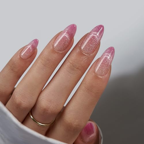 BTArtbox Press On Nails, Rosy Dew, Medium Almond, Pink Cat Eye, 30Ct - color: A1-Rosy Dew