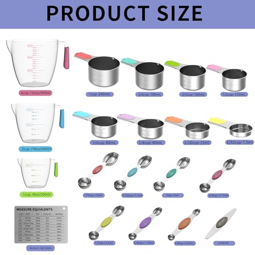 Measuring Cups and Spoons Set for Cooking & Baking, 5 Stainless Steel Magnetic Measuring Cups, 3 Plastic Measuring Cup, 7 Magnetic Measuring Spoons, 1 Leveler, 1 Measuring Conversion Chart