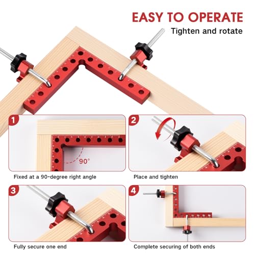 Neddie 90 Degree Corner Clamps for Woodworking, 4-Pack 5.5-Inch Squares | Anodized aluminum, 8 L-bolts with adjustable blocks, up to 3.5 in, dual-unit scales, case, cabinets, drawers, boxes, frames