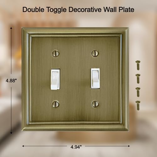 OKAWYC Double Toggle Light Switch Cover Luca Metal Wall Plate, 2-Pack Antique Brass 2 Gang, for Light Switch Cover Decorative Wallplate, Durable - size: 2 Toggle