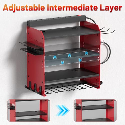 Power Tool Organizer Wall Mount with Charging Station, Garage Storage Rack for Cordless Drill, Tool Battery, Bit and Screwdriver, Utility Shelf with Power Strip and Hooks (3 Layer) - size: 3 layer