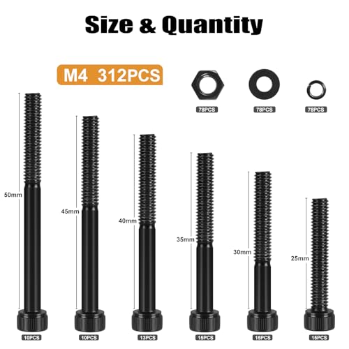 VGBUY 312Pcs M4 Screw Kit, Black M4 Screws (6 Sizes 25-50mm), Metric Nuts and Bolts Assortment Kit, Hex Socket Head Cap 25/30/35/40/45/50mm with Washer Nuts, 12.9 Grade - size: M4x25/30/35/40/45/50mm, style: Socket Head