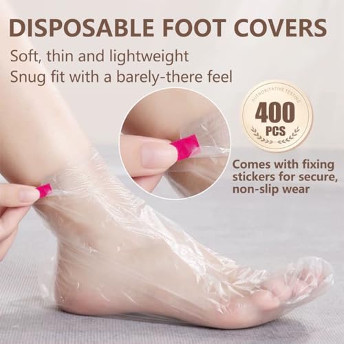 400 Pcs Disposable Moisturizing Foot Covers, Ribbed Anti-Slip Design with Stickers for Secure Fit, Plastic Foot Bags for Moisturizing, Hydration, Home Use, Spa, Pedicure, Trial Shoe, Paraffin Wax Bags