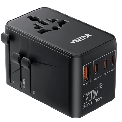 VINTAR Universal Travel Adapter 170W GaN, Fast Charger for EU UK US AU - color: 170W Black