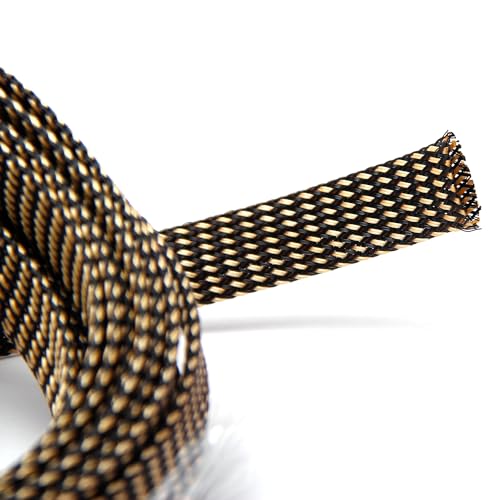 Othmro 16.4ft Length PET Flexible Expandable Braided Cable Sleeves 0.55in Width Wire Loom Sleeving and Organizer Flexible Wire Mesh Sleeves for TV Audio PC Computer Cords from Pet Chewing Black Gold - color: Black Gold, size: 0.35" Dia/16.4Ft
