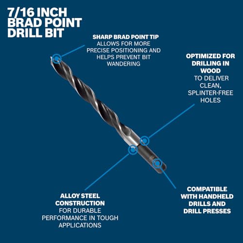 BOSCH BP14606 7/16 in. Brad Point Bit - Precise Starts, Clean Holes, Accurate Wood Drilling, Handheld Drill/Drill Press Compatible - size: 7/16" DIAMETER