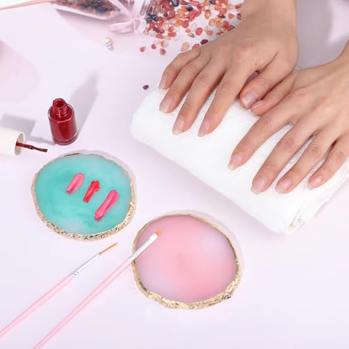 2 Pcs Resin Nail Art Palette Set, Green Pink, Gold Edge - color: Pink, Green