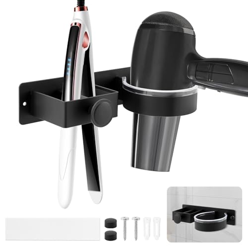 CALIDAKA Hair Dryer Holder Wall Mounted, Hair Dryer and Straightener Holder, Hair Tool Organizer for Bathroom, Suitable for Most of Hair Dryers(COLOR:black)