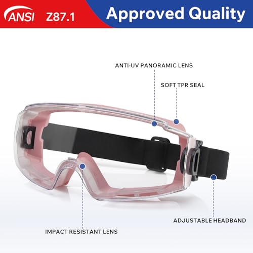 Anti Fog Safety Goggles Over Glasses 2 Pack, ANSI Z87.1 Certified | Eye Protection, Chemistry Lab Work & Industrial Use, Wide Vision Clear Lens, Extreme Impact Resistance, Adjustable Strap - color: 2/Pink