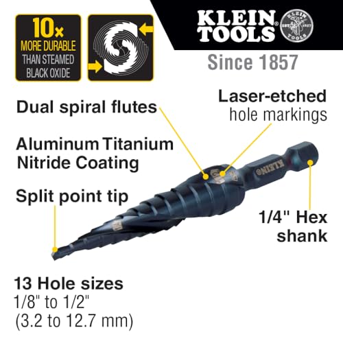 Klein Tools QRST01 Step Drill Bit, Quick Release Spiral Double-Fluted, 1/8 to 1/2-Inch, Hex Shank, Cut Steel, Wood, Plastic, Aluminum - size: 1/8 to 1/2-Inch, style: Quick Release