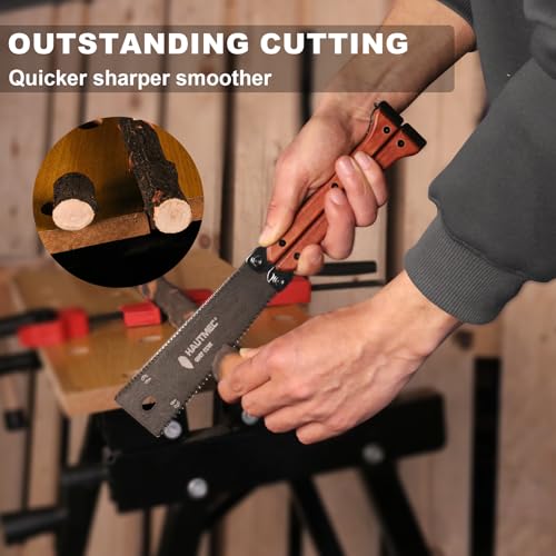 HAUTMEC Folding Japanese Pull Saw, 6-Inch Double-Edged Hand Saw with SK5 Blade (12/17 TPI), Beech Wood Handle & Storage Pouch – Compact Flush Cut Handsaw for Woodworking & Precision Cuts – HT0446