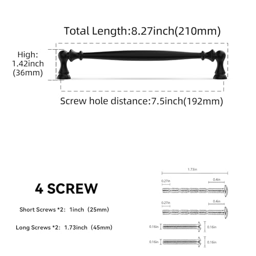 10 Pack 7-1/2 Inch(192mm) Kitchen Cabinet Handles Matte Black Cabinet Pulls Zinc Alloy Drawer Pulls Solid Kitchen Hardware - color: Matte Black, size: 7-1/2'' Hole Center(192mm)