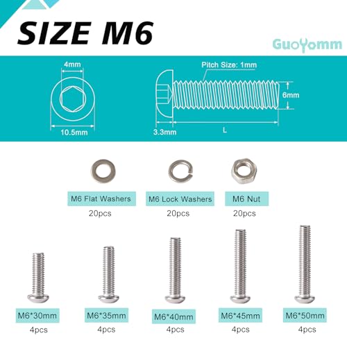 80 PCS M6 x 30mm 35mm 40mm 45mm 50mm, Button Head Socket Cap Screws Bolts Washers Nuts Assortment Kit, Stainless Steel 304, Metric Allen Hex Drive - size: Button M6x30/35/40/45/50 mm